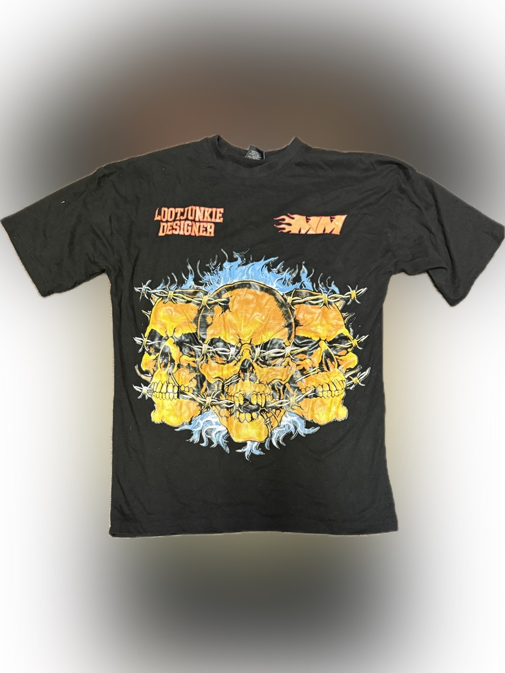 Loot Junkie Black T-Shirt with Yellow Skull Graphic | Sz L